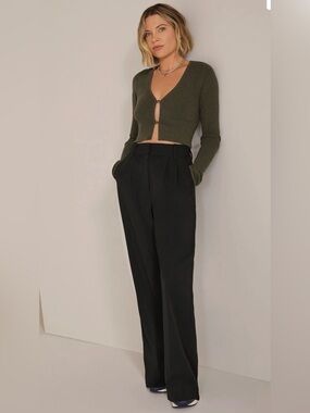 Favorite Daughter Olive Cropped Cardigan with Black High-Waist Trousers